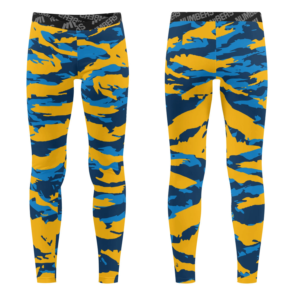 Athletic sports unisex compression tights for girls and boys flag football, tackle football, basketball, track, running, training, gym workout etc printed in predator navy blue, yellow, and white Los Angeles Chargers