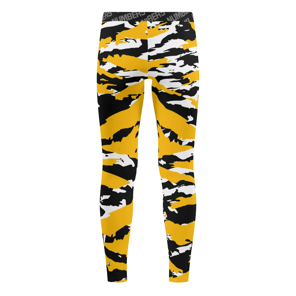 Athletic sports unisex compression tights for girls and boys flag football, tackle football, basketball, track, running, training, gym workout etc printed in predator yellow, black, and white Pittsburgh Steelers