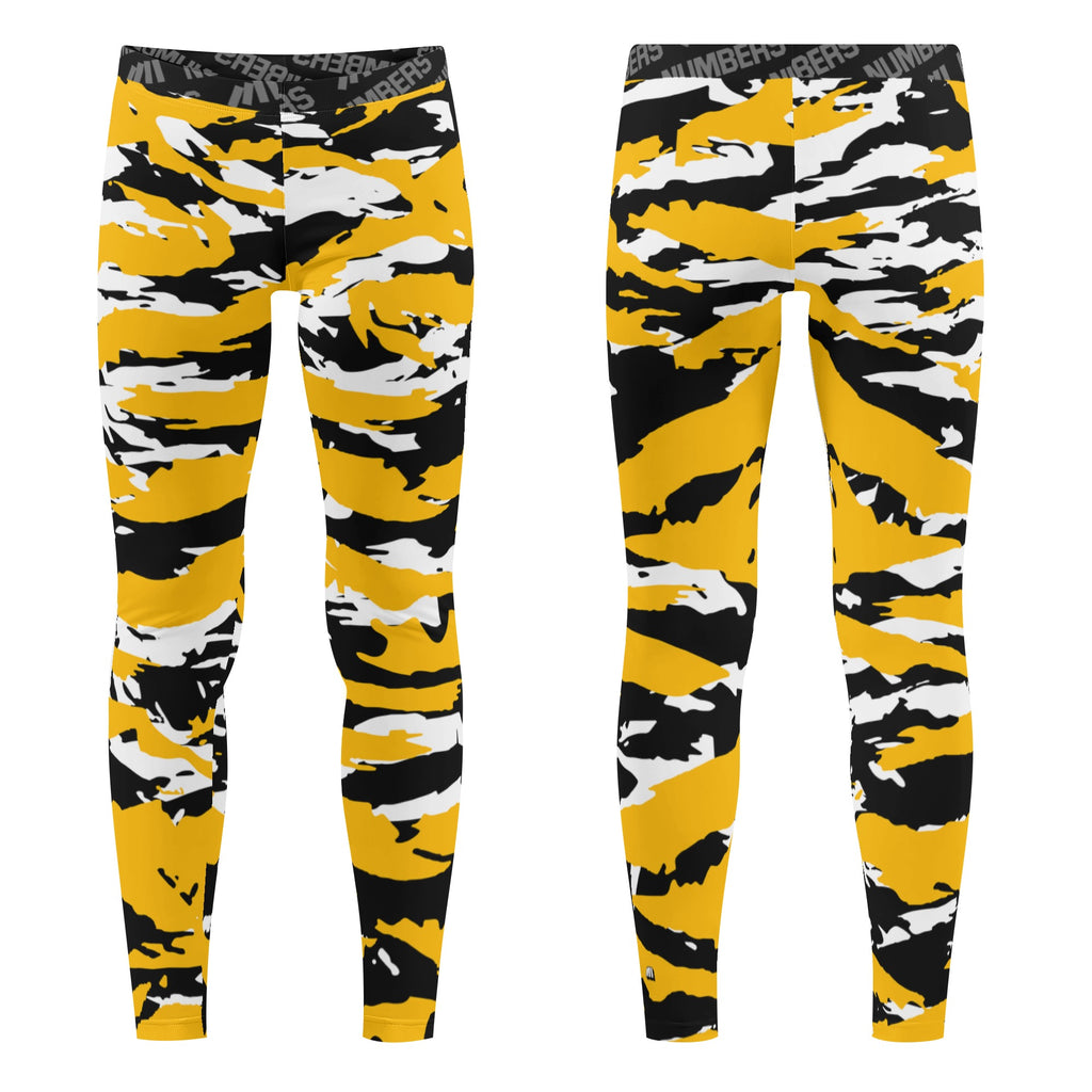 Athletic sports unisex compression tights for girls and boys flag football, tackle football, basketball, track, running, training, gym workout etc printed in predator yellow, black, and white Pittsburgh Steelers