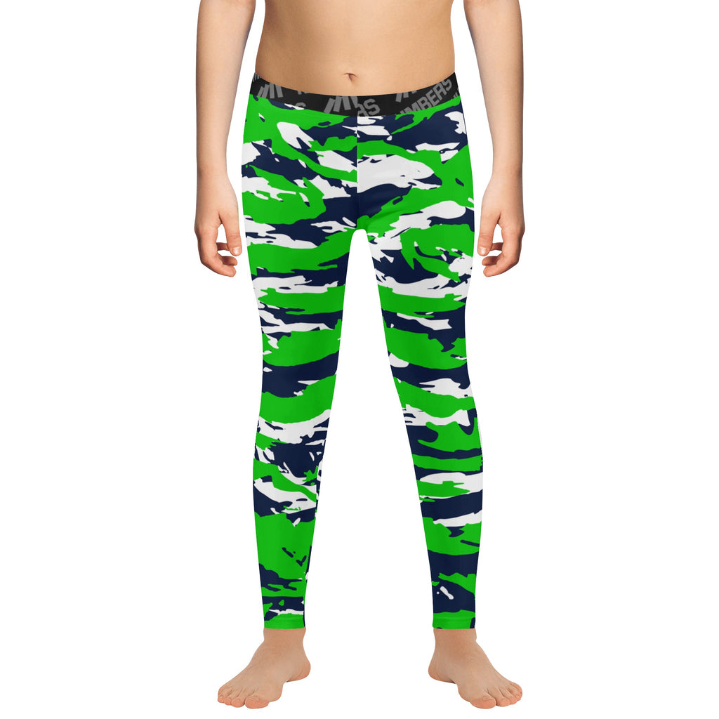 Athletic sports compression tights for youth and adult football, basketball, running, track, etc printed with predatorgreen, navy blue, and white Seattle Seahawks