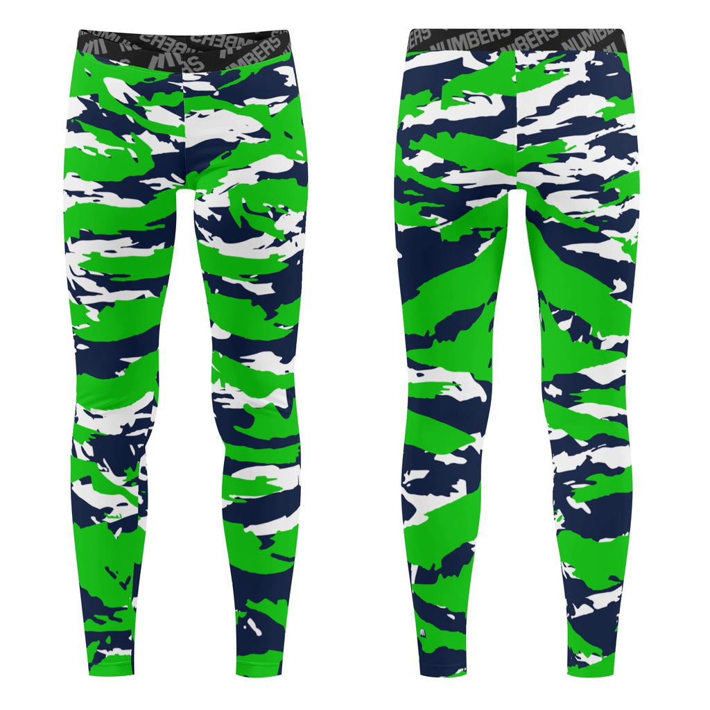Athletic sports compression tights for youth and adult football, basketball, running, track, etc printed with predatorgreen, navy blue, and white Seattle Seahawks