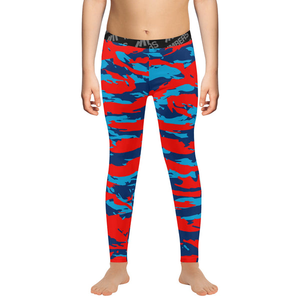 Athletic sports compression tights for youth and adult football, basketball, running, track, etc printed with predator red, baby blue, and navy blue Tennessee Titans