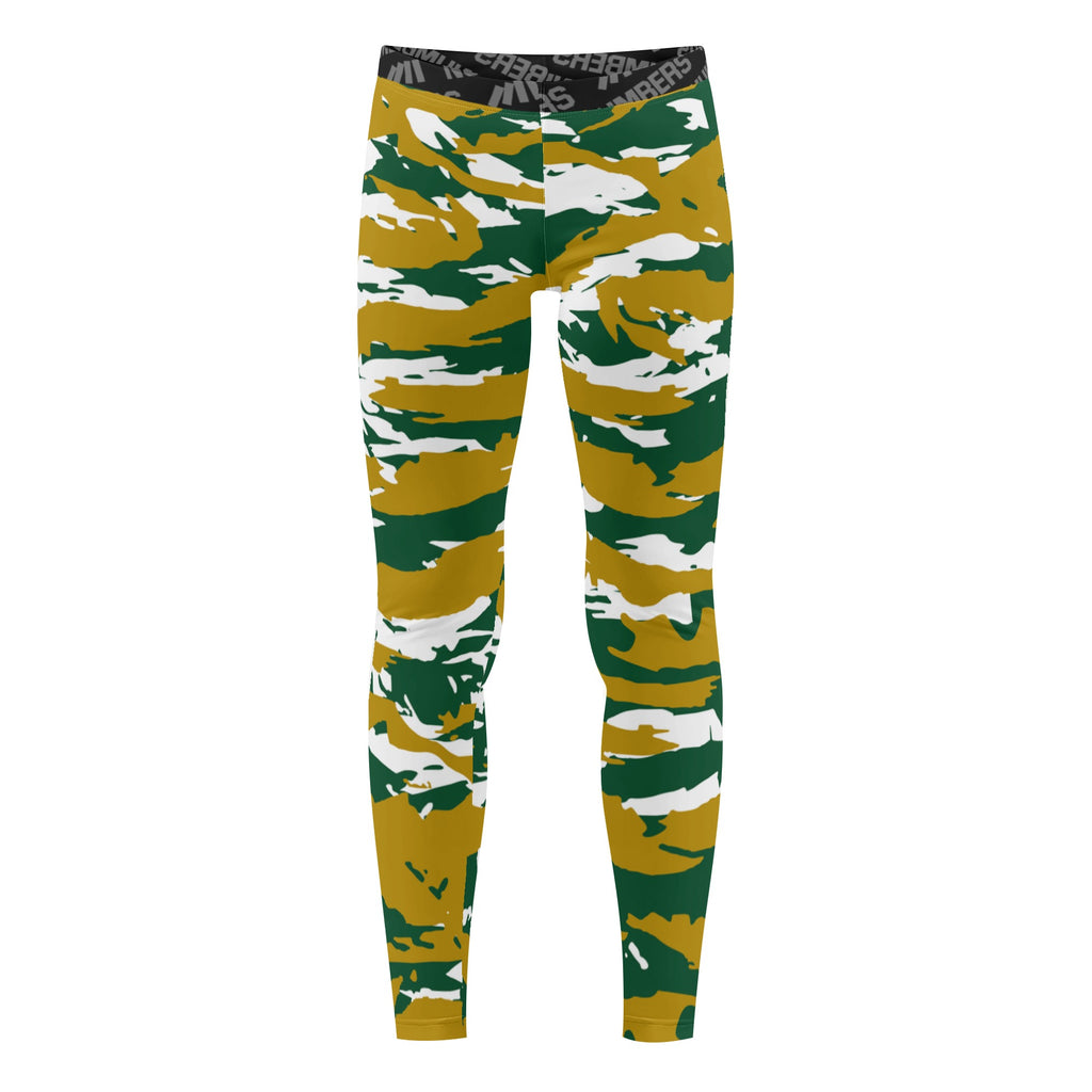 Athletic sports compression tights for youth and adult football, basketball, running, track, etc printed with predator forest green, gold, and white Colorado State Rams