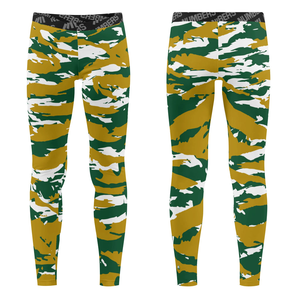 Athletic sports compression tights for youth and adult football, basketball, running, track, etc printed with predator forest green, gold, and white Colorado State Rams