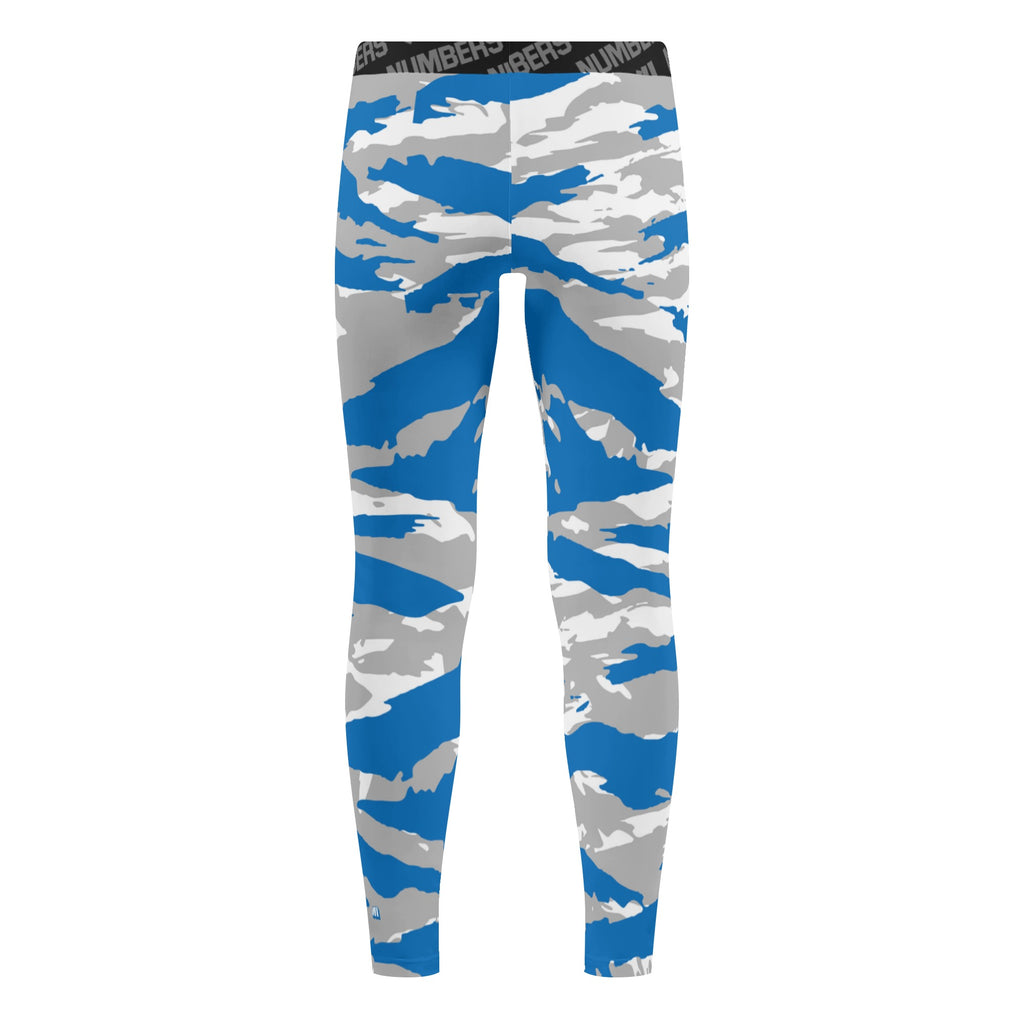 Athletic sports compression tights for youth and adult football, basketball, running, track, etc printed with predator blue, gray, and white colors Detroit Lions