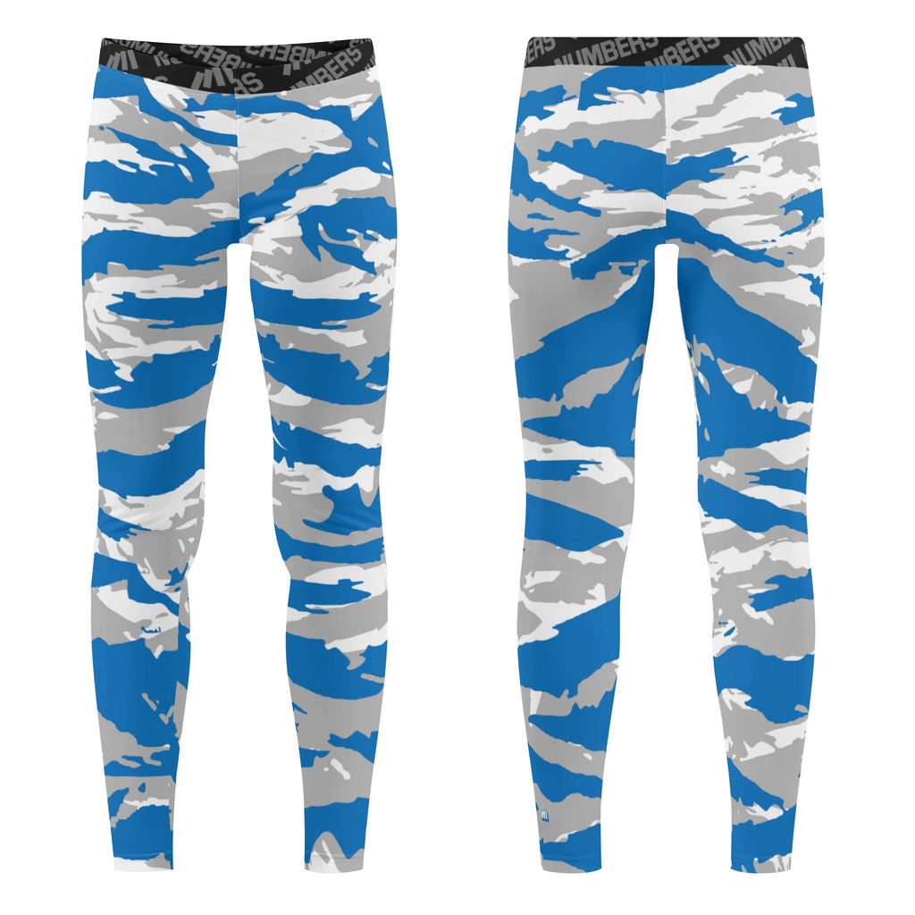 Athletic sports compression tights for youth and adult football, basketball, running, track, etc printed with predator blue, gray, and white colors Detroit Lions