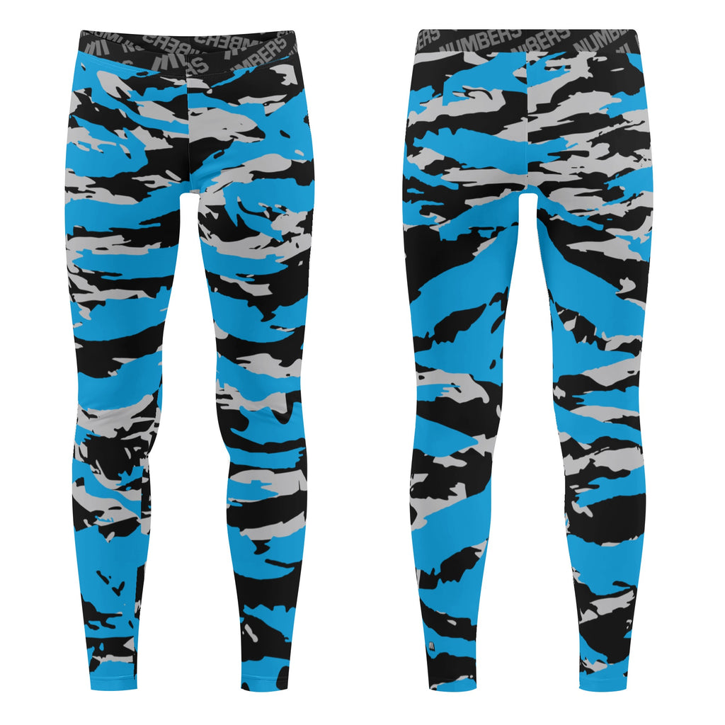Athletic sports compression tights for youth and adult football, basketball, running, track, etc printed with predator blue, gray, and black Carolina Panthers