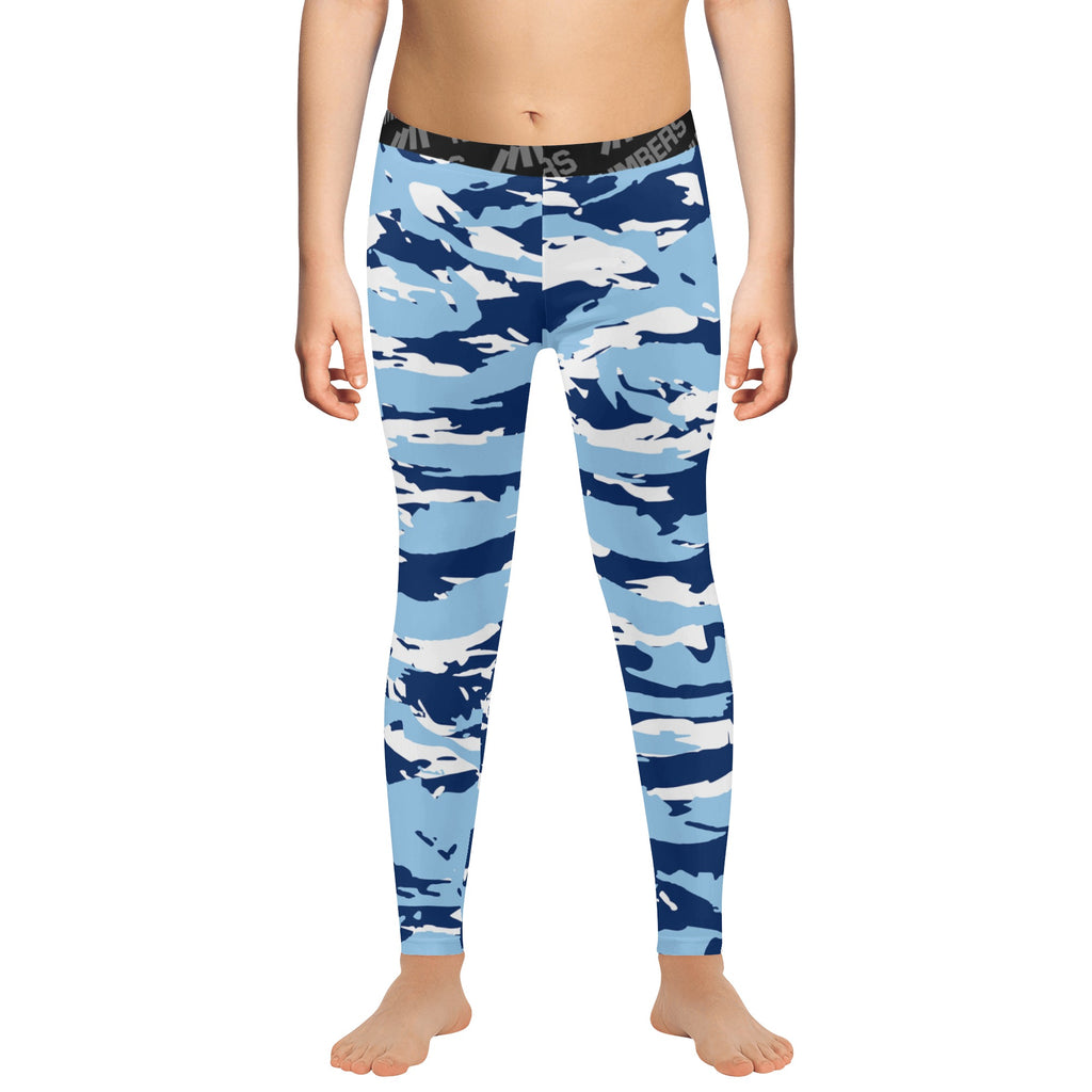Athletic sports compression tights for youth and adult football, basketball, running, track, etc printed with predator navy blue, baby blue, and white North Carolina Tar Heels