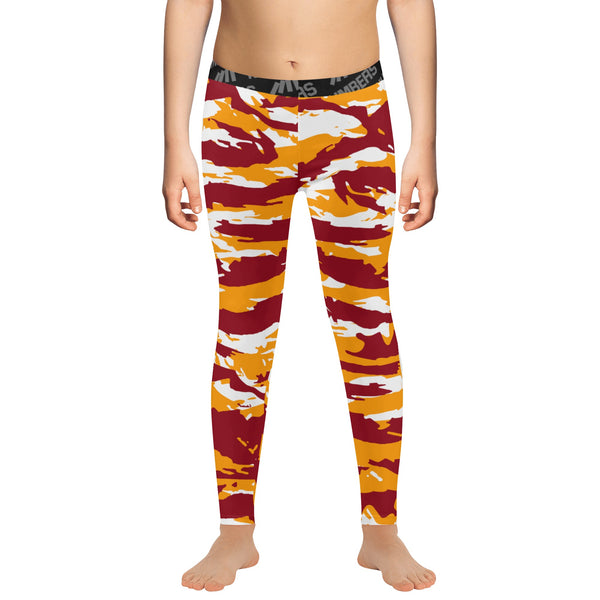 Athletic sports compression tights for youth and adult football, basketball, running, track, etc printed with predator maroon, yellow, and white Washington Commanders
