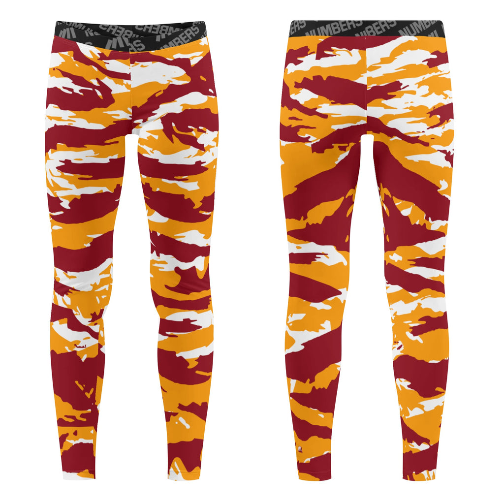 Athletic sports compression tights for youth and adult football, basketball, running, track, etc printed with predator maroon, yellow, and white Washington Commanders