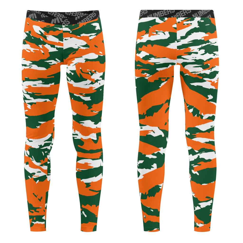 Athletic sports compression tights for youth and adult football, basketball, running, track, etc printed with predator orange, green, and white Miami Hurricanes