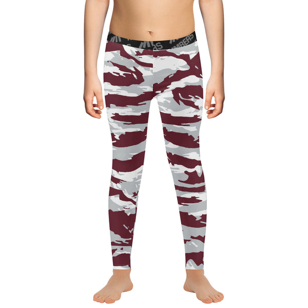 Athletic sports compression tights for youth and adult football, basketball, running, track, etc printed with predator maroon, gray, and white Mississippi State Bulldogs