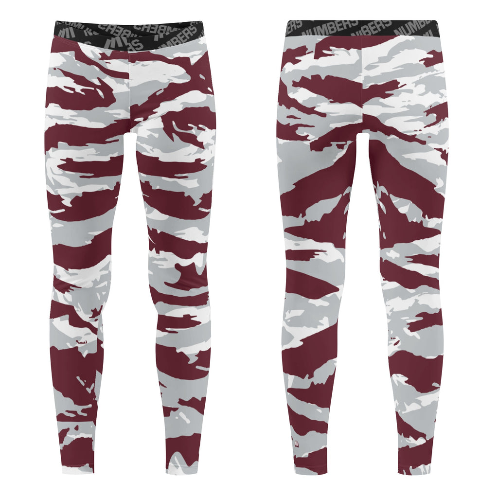 Athletic sports compression tights for youth and adult football, basketball, running, track, etc printed with predator maroon, gray, and white Mississippi State Bulldogs