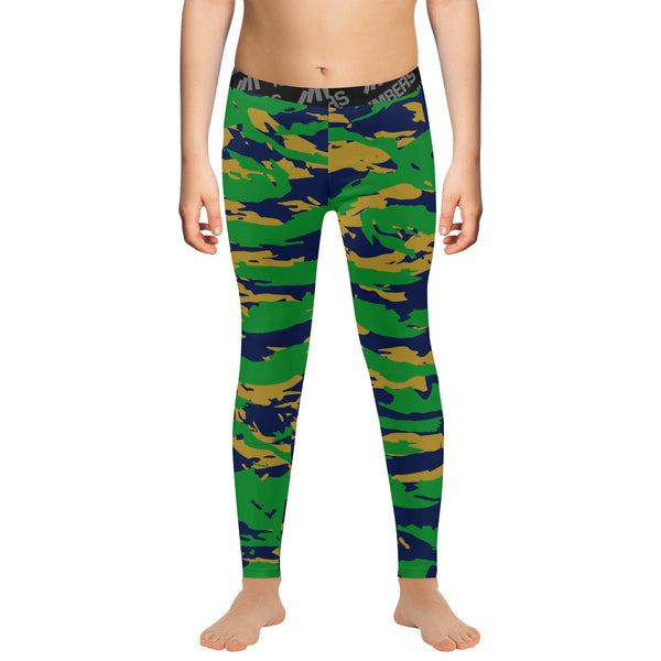 Athletic sports compression tights for youth and adult football, basketball, running, track, etc printed with predator green, navy blue, and gold Notre Dame Fighting Irish