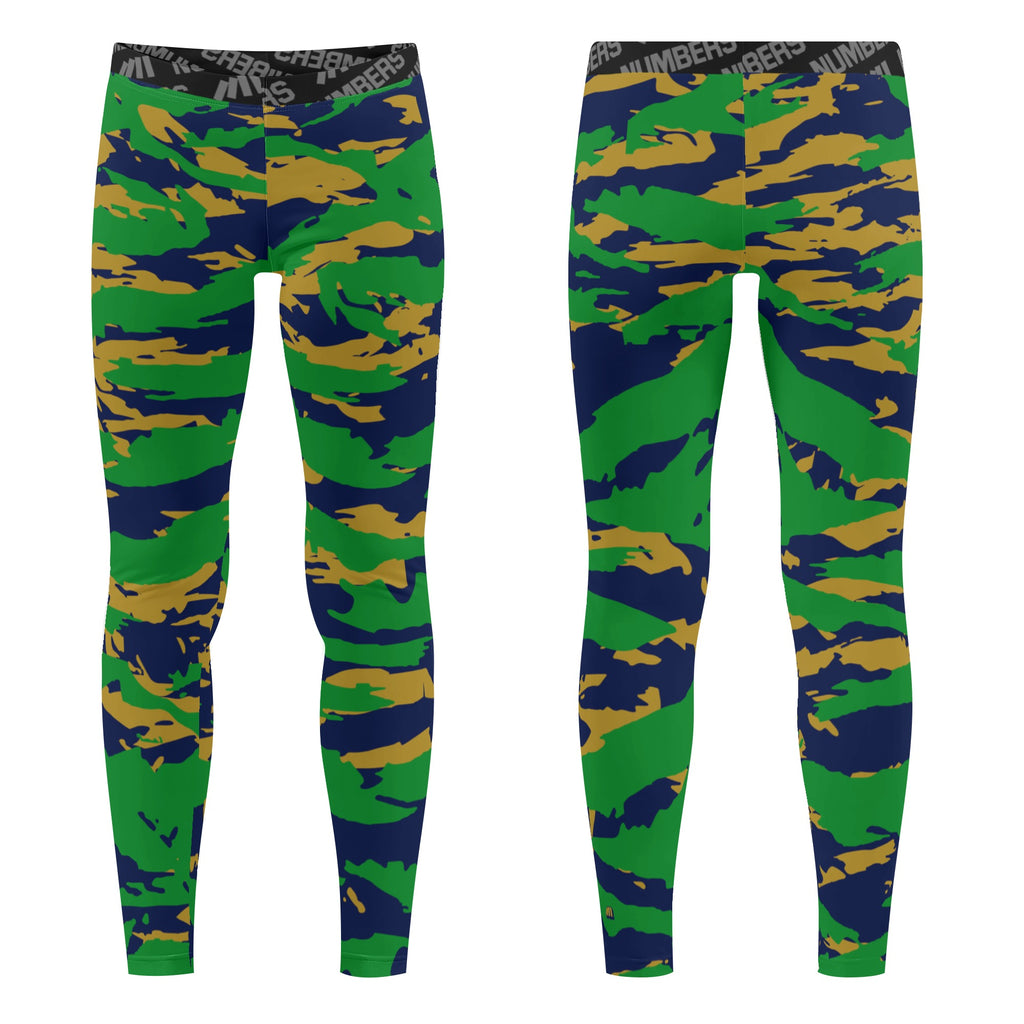 Athletic sports compression tights for youth and adult football, basketball, running, track, etc printed with predator green, navy blue, and gold Notre Dame Fighting Irish