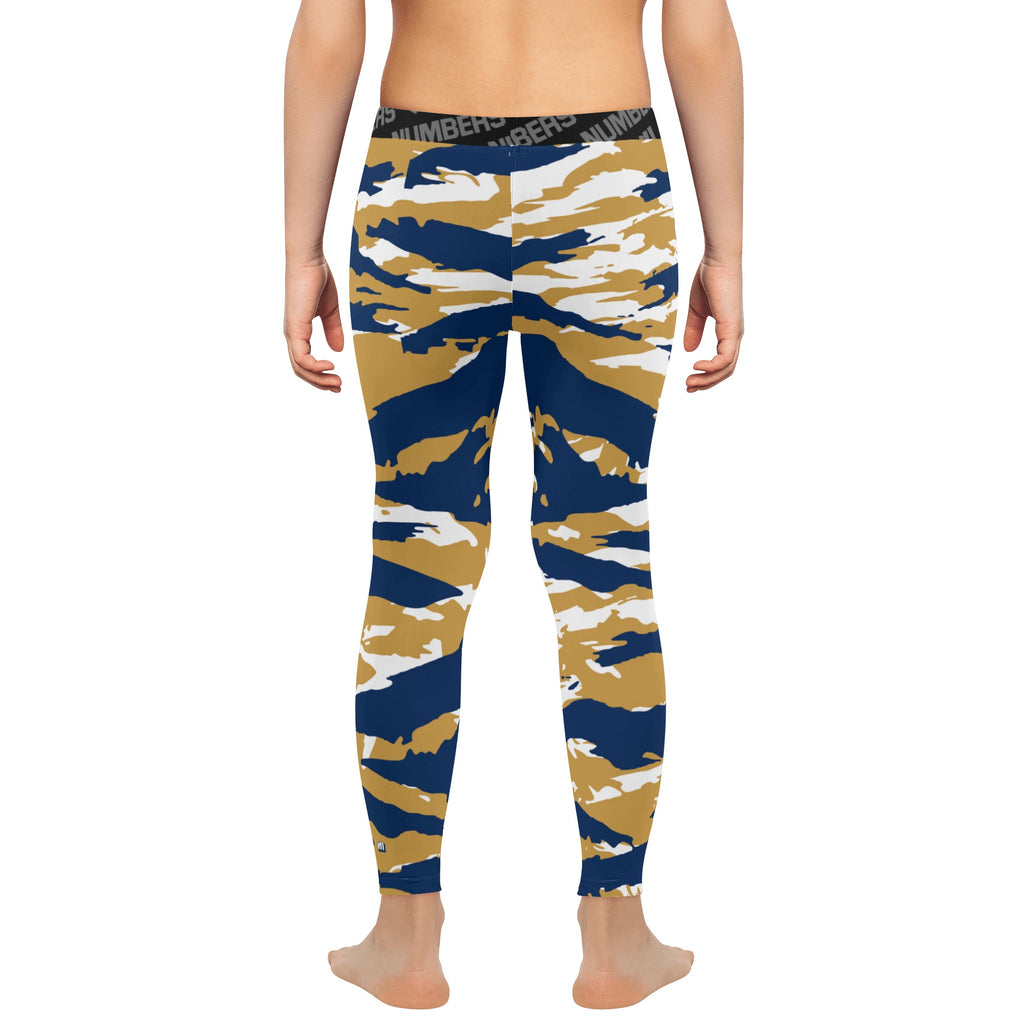 Athletic sports compression tights for youth and adult football, basketball, running, track, etc printed with predator navy blue, gold, and white Milwaukee Brewers