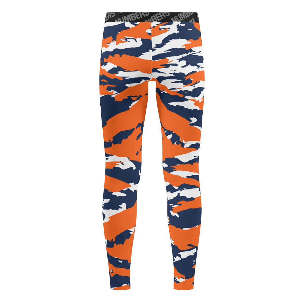 Athletic sports compression tights for youth and adult football, basketball, running, track, etc printed with predator navy blue, orange, and white Denver Broncos