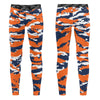 Athletic sports compression tights for youth and adult football, basketball, running, track, etc printed with predator navy blue, orange, and white Denver Broncos