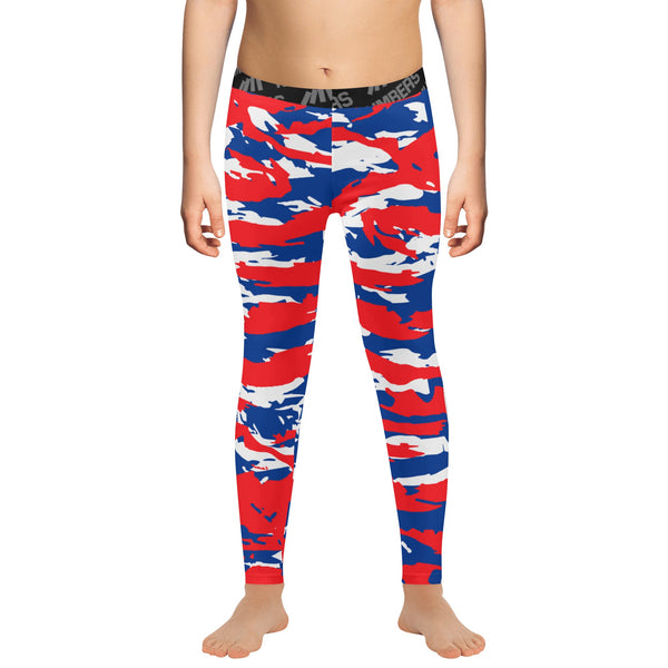 Athletic sports compression tights for youth and adult football, basketball, running, track, etc printed with predator  red, royal blue, and white Buffalo Bills