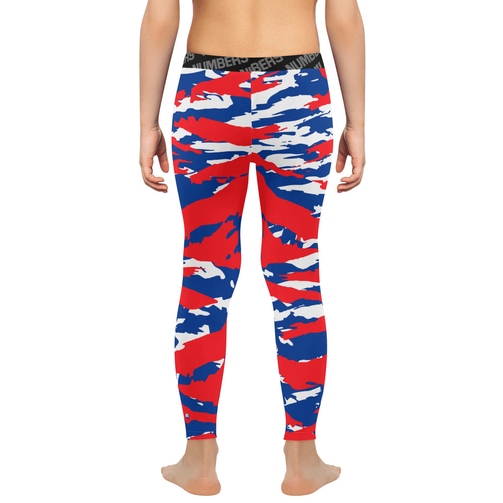 Athletic sports compression tights for youth and adult football, basketball, running, track, etc printed with predator  red, royal blue, and white Buffalo Bills