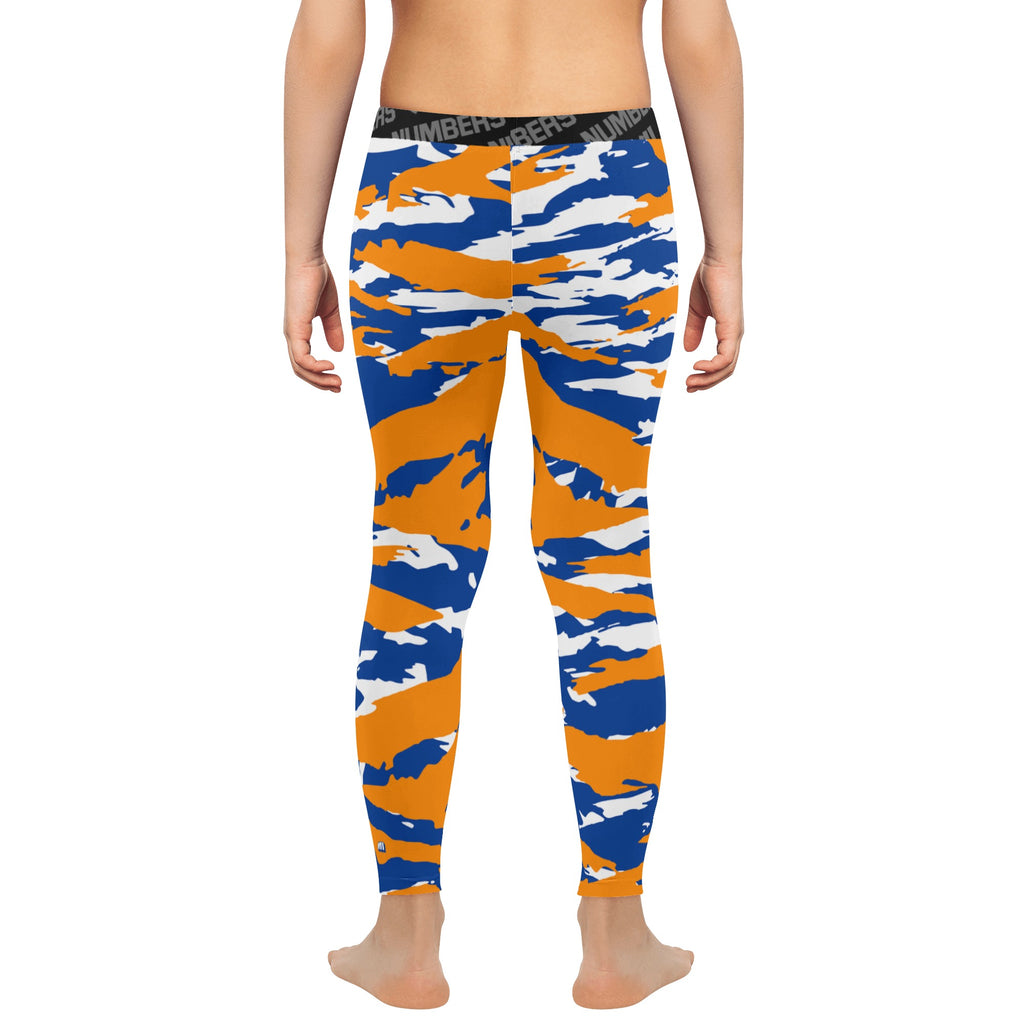 Athletic sports compression tights for youth and adult football, basketball, running, track, etc printed with predator royal blue, orange, and white New York Mets