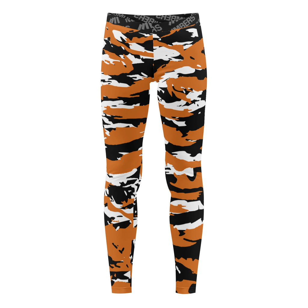 Athletic sports unisex compression tights for girls and boys flag football, tackle football, basketball, track, running, training, gym workout etc printed in predator burnt orange, black, and white Texas Longhorns