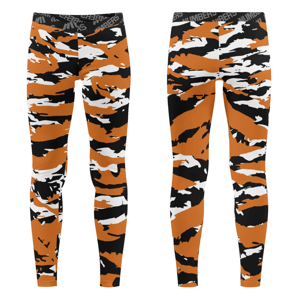 Athletic sports unisex compression tights for girls and boys flag football, tackle football, basketball, track, running, training, gym workout etc printed in predator burnt orange, black, and white Texas Longhorns