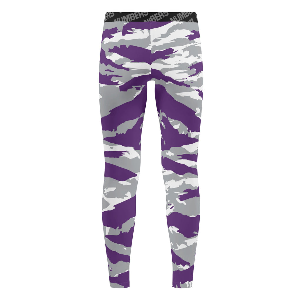 Athletic sports unisex compression tights for girls and boys flag football, tackle football, basketball, track, running, training, gym workout etc printed in predator purple, gray, and white TCU Horned Frogs
