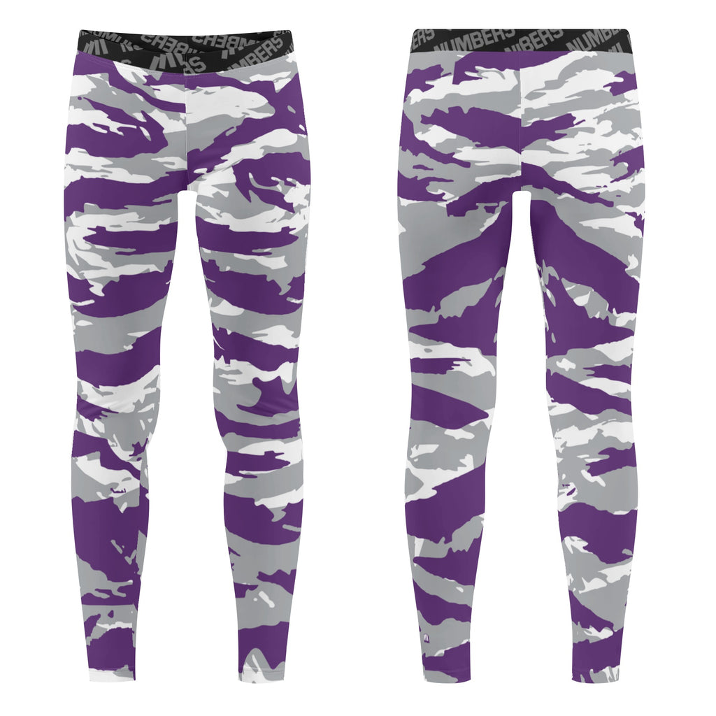 Athletic sports unisex compression tights for girls and boys flag football, tackle football, basketball, track, running, training, gym workout etc printed in predator purple, gray, and white TCU Horned Frogs