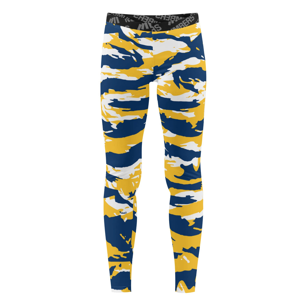 Athletic sports unisex compression tights for girls and boys flag football, tackle football, basketball, track, running, training, gym workout etc printed in predator navy blue, yellow, and white Indiana Pacers Michigan Wolverines