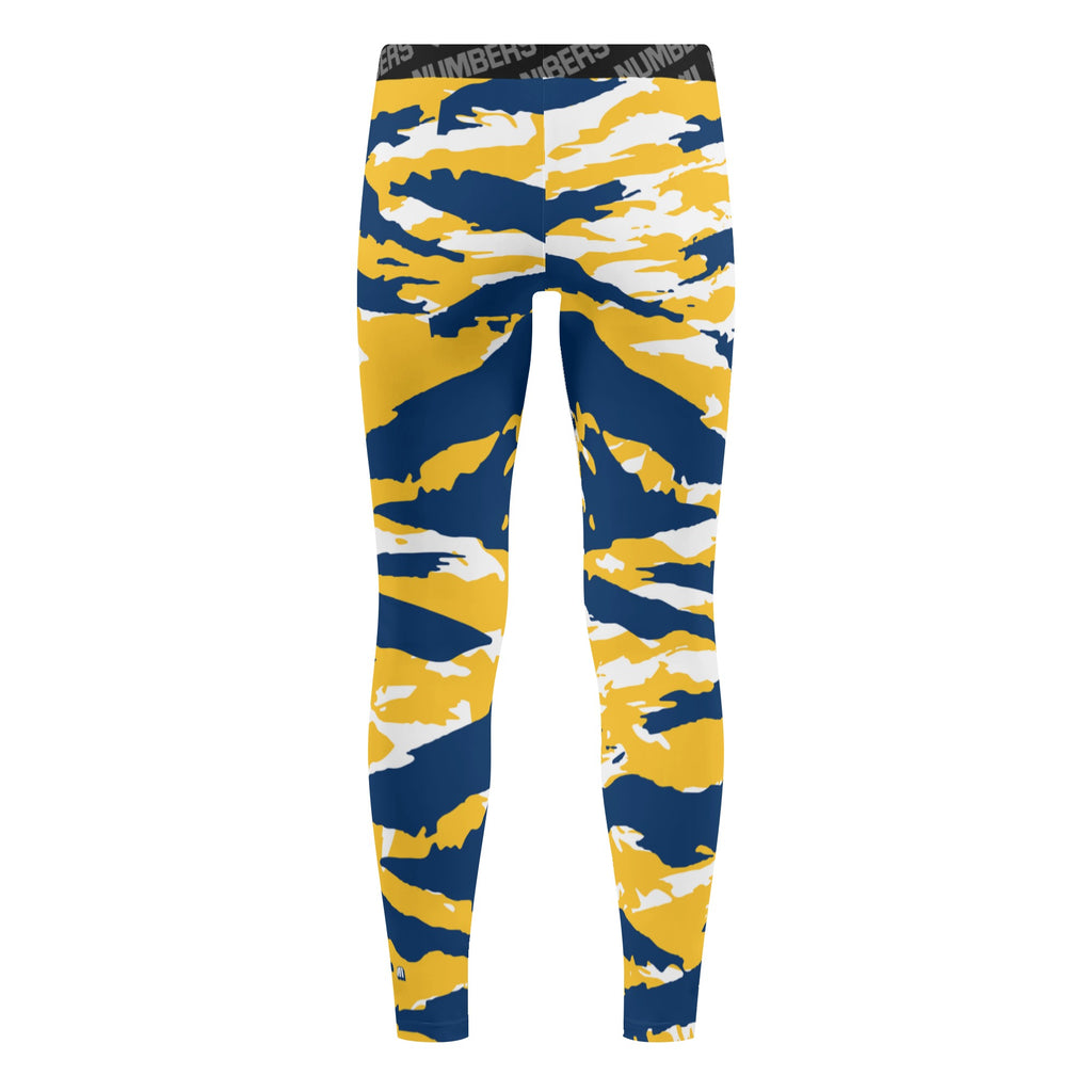 Athletic sports unisex compression tights for girls and boys flag football, tackle football, basketball, track, running, training, gym workout etc printed in predator navy blue, yellow, and white Indiana Pacers Michigan Wolverines