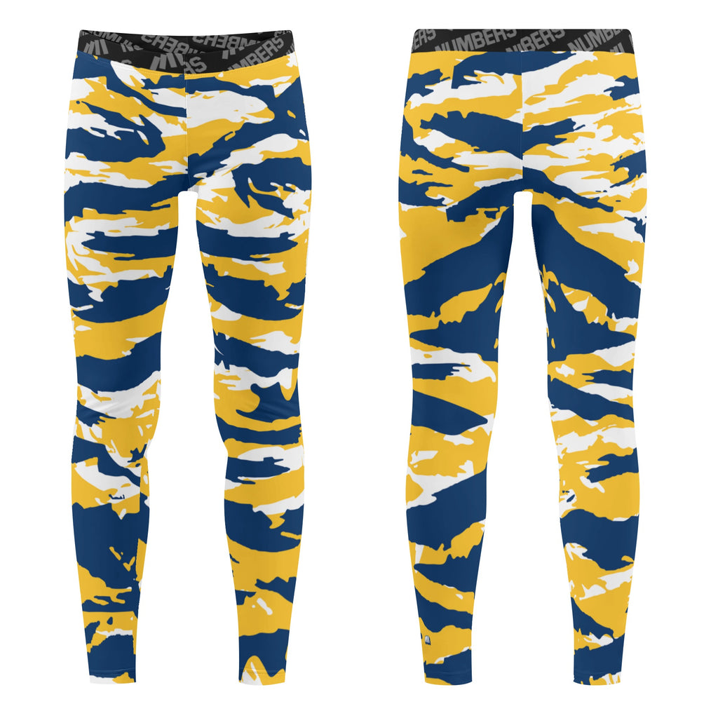 Athletic sports unisex compression tights for girls and boys flag football, tackle football, basketball, track, running, training, gym workout etc printed in predator navy blue, yellow, and white Indiana Pacers Michigan Wolverines