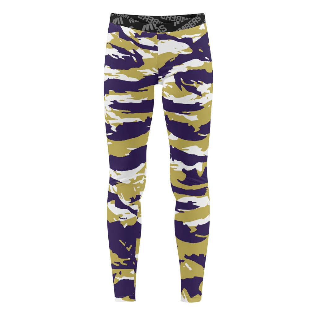 Athletic sports unisex compression tights for girls and boys flag football, tackle football, basketball, track, running, training, gym workout etc printed in predator purple, gold, and white Washington State Huskies