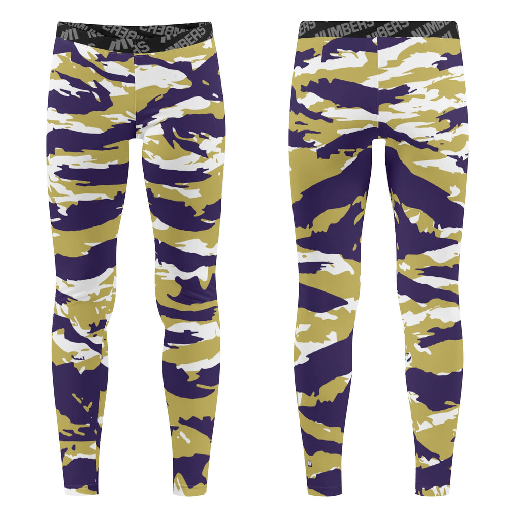 Athletic sports unisex compression tights for girls and boys flag football, tackle football, basketball, track, running, training, gym workout etc printed in predator purple, gold, and white Washington State Huskies