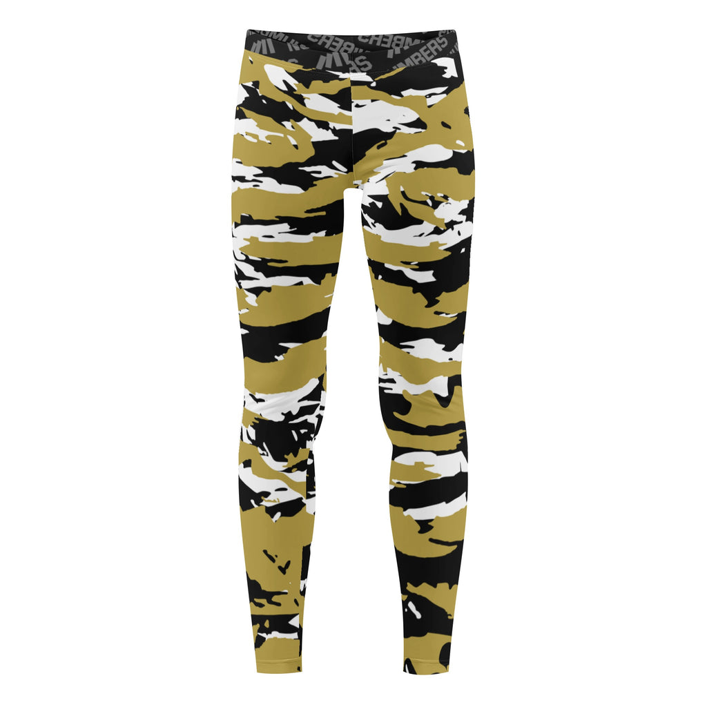 Athletic sports unisex compression tights for girls and boys flag football, tackle football, basketball, track, running, training, gym workout etc printed in predator gold, black, and white New Orleans Saints UCF Knights