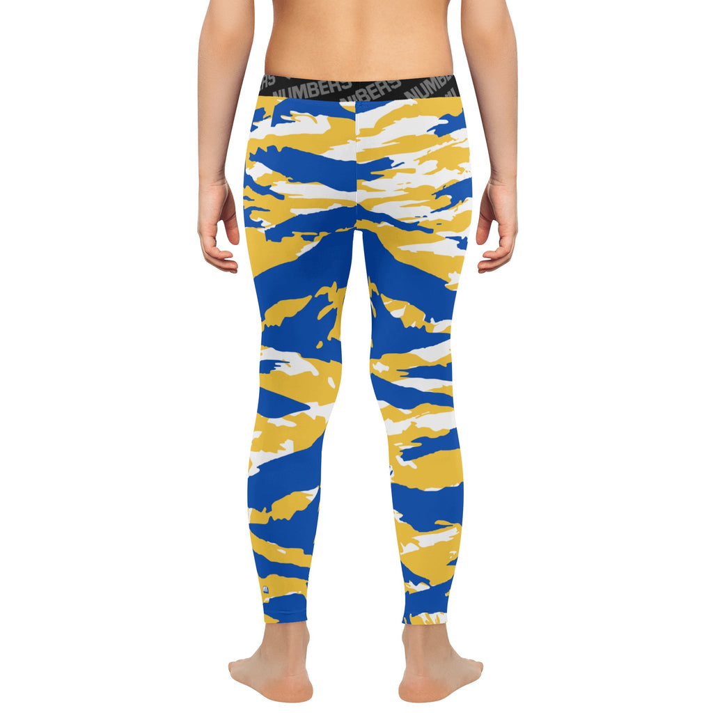 Athletic sports unisex compression tights for girls and boys flag football, tackle football, basketball, track, running, training, gym workout etc printed in predator royal blue, yellow, and white Golden State Warriors