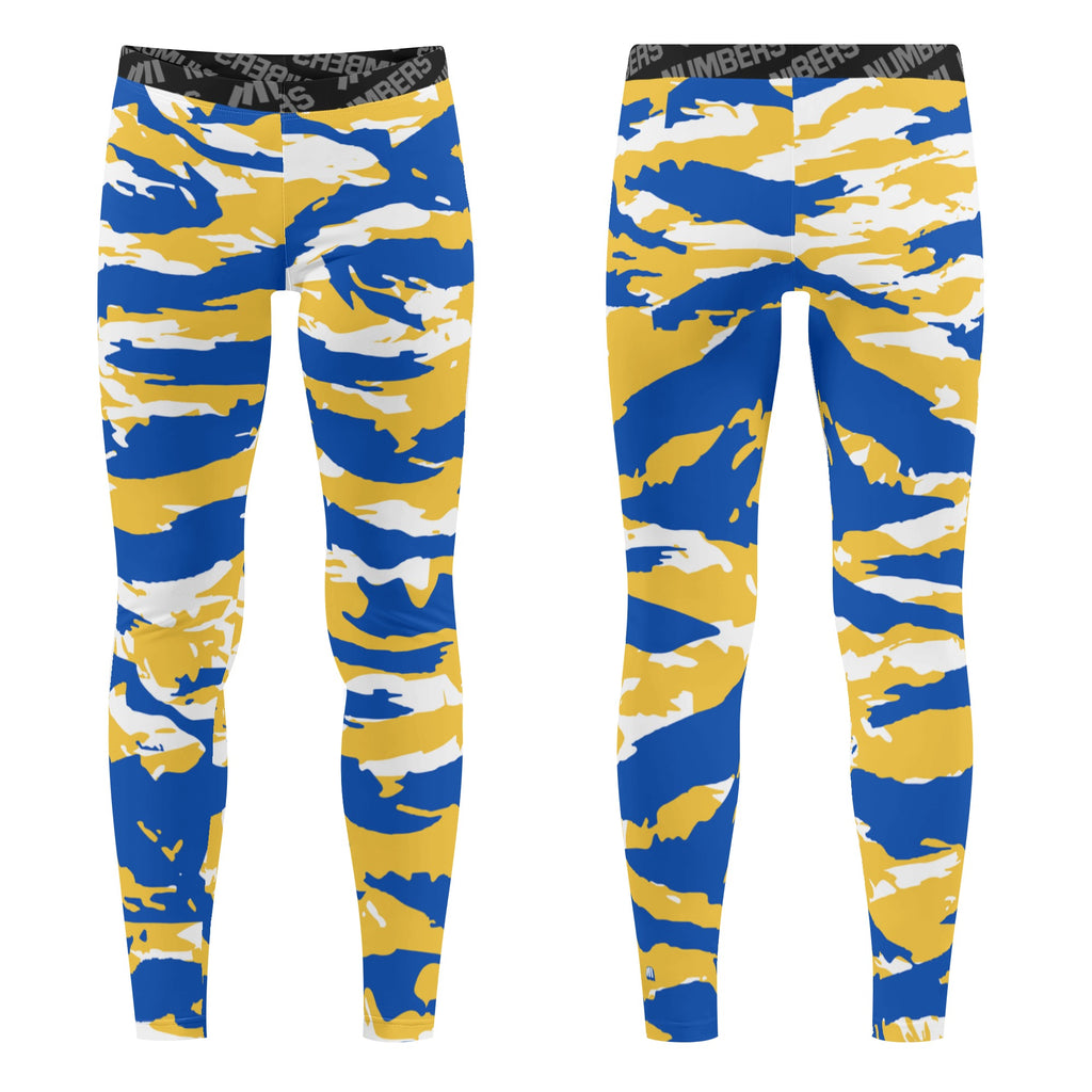 Athletic sports unisex compression tights for girls and boys flag football, tackle football, basketball, track, running, training, gym workout etc printed in predator royal blue, yellow, and white Golden State Warriors