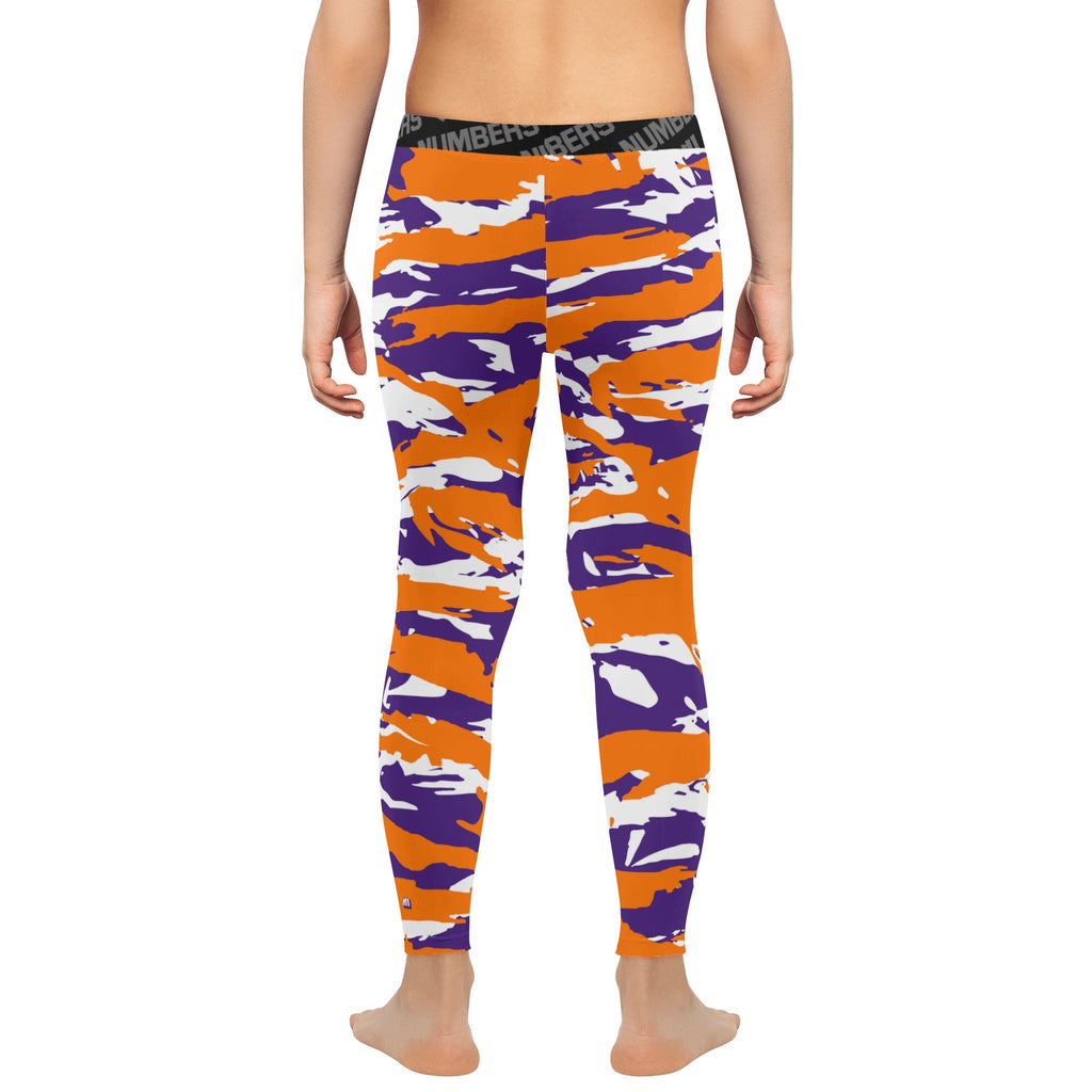 Athletic sports compression tights for youth and adult football, basketball, running, track, etc printed with predator orange, purple, and white Phoenix Suns Clemson Tigers
