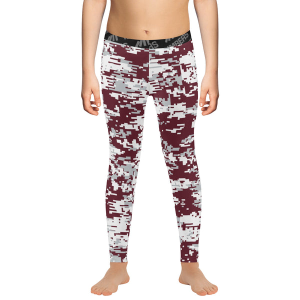 Athletic sports compression tights for youth and adult football, basketball, running, track, etc printed with predator maroon, gray, and white Mississippi State Bulldogs
