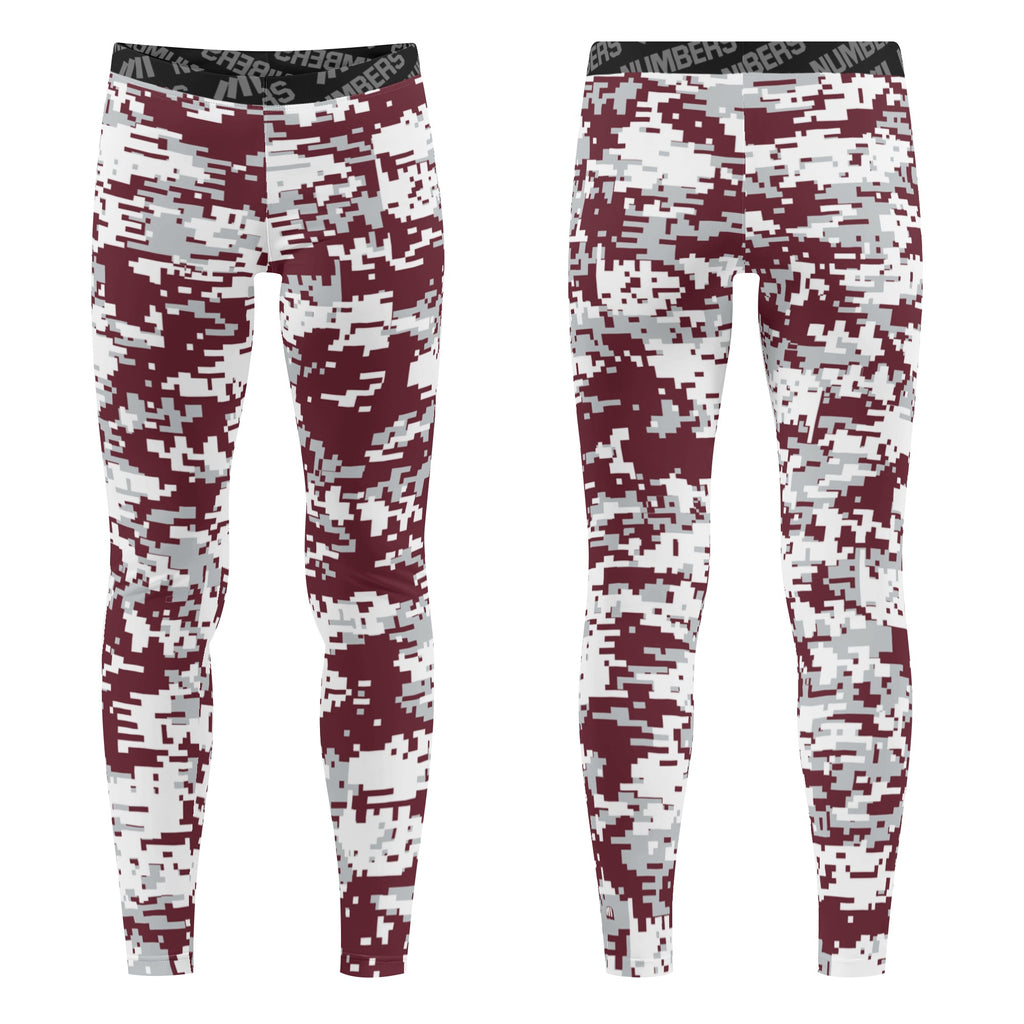 Athletic sports compression tights for youth and adult football, basketball, running, track, etc printed with predator maroon, gray, and white Mississippi State Bulldogs