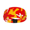 Athletic sports sweatband wide headband for youth and adult football, basketball, baseball, softball, gym workout, printed with red, yellow, and white colors. 
