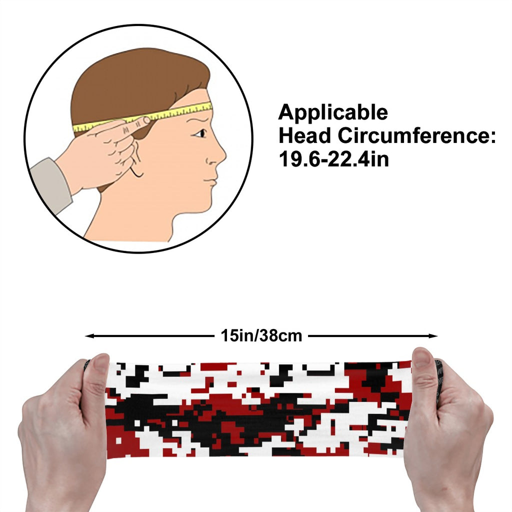 Athletic sports sweatband wide headband for youth and adult football, basketball, baseball, softball, gym workout, printed with maroon, black, and white colors. 