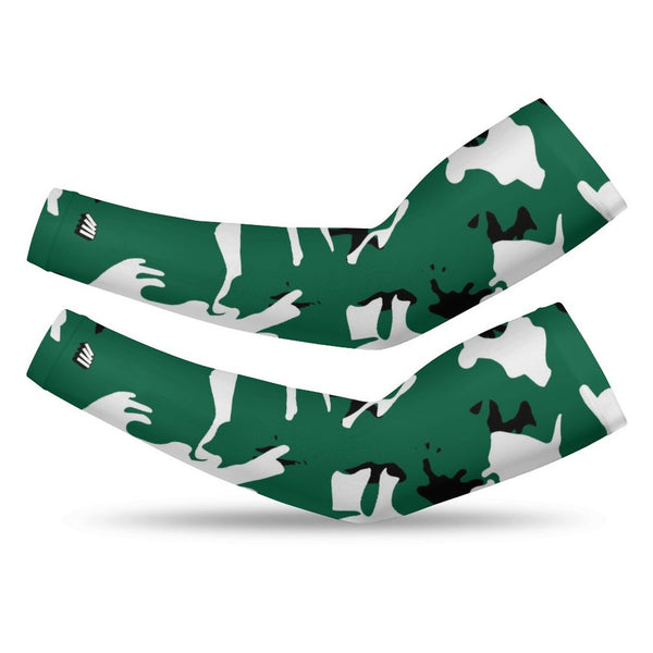 Athletic sports compression arm sleeve for youth and adult football, basketball, baseball, and softball printed with camo green, white, and black colors. 