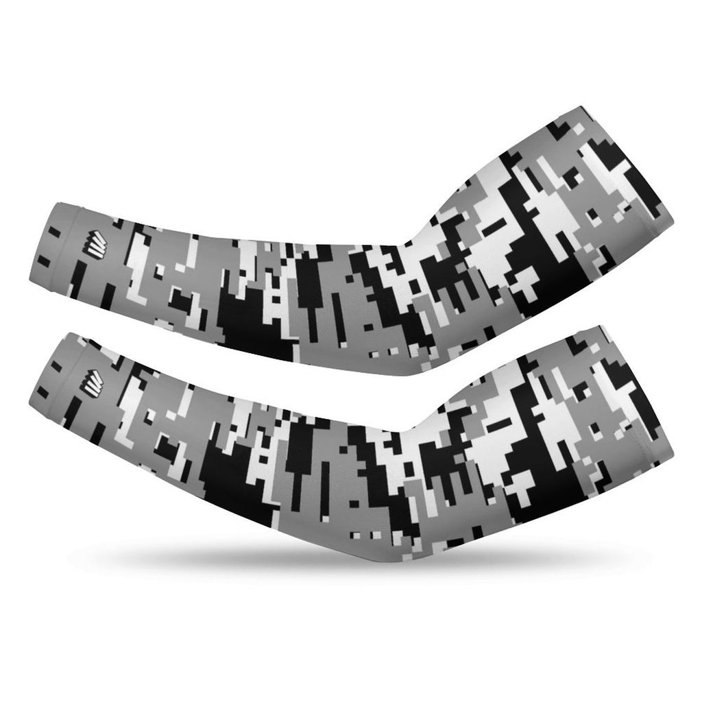 Athletic sports compression arm sleeve for youth and adult football, basketball, baseball, and softball printed with digicamo black, silver, and white colors. 