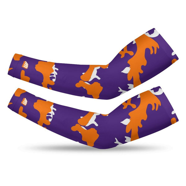 Athletic sports compression arm sleeve for youth and adult football, basketball, baseball, and softball printed with camo purple, orange, and white colors. 