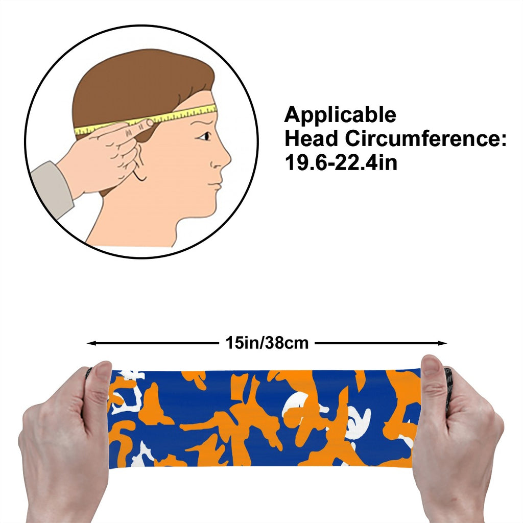 Athletic sports sweatband wide headband for youth and adult football, basketball, baseball, softball, gym workout, printed with royal blue, orange, and white colors. 