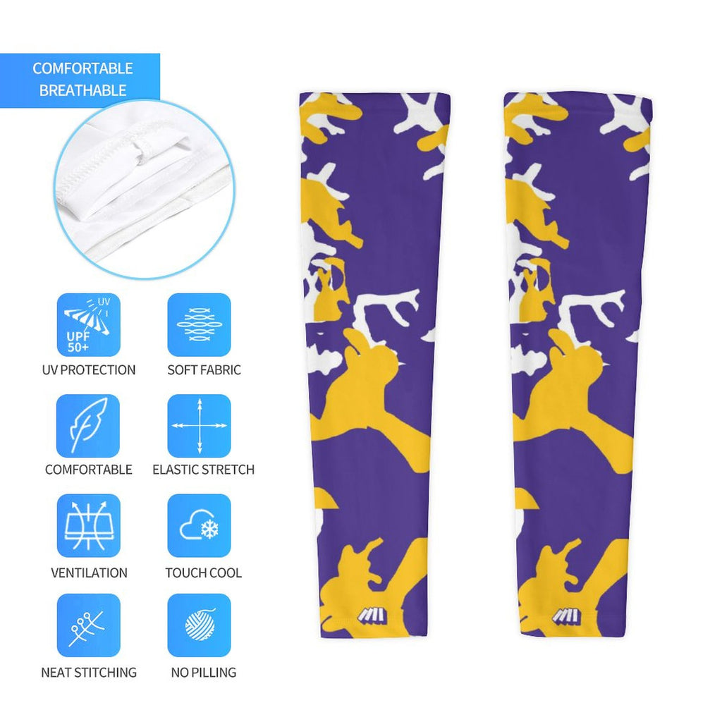 Athletic sports compression arm sleeve for youth and adult football, basketball, baseball, and softball printed with camo  yellow, purple, and white.