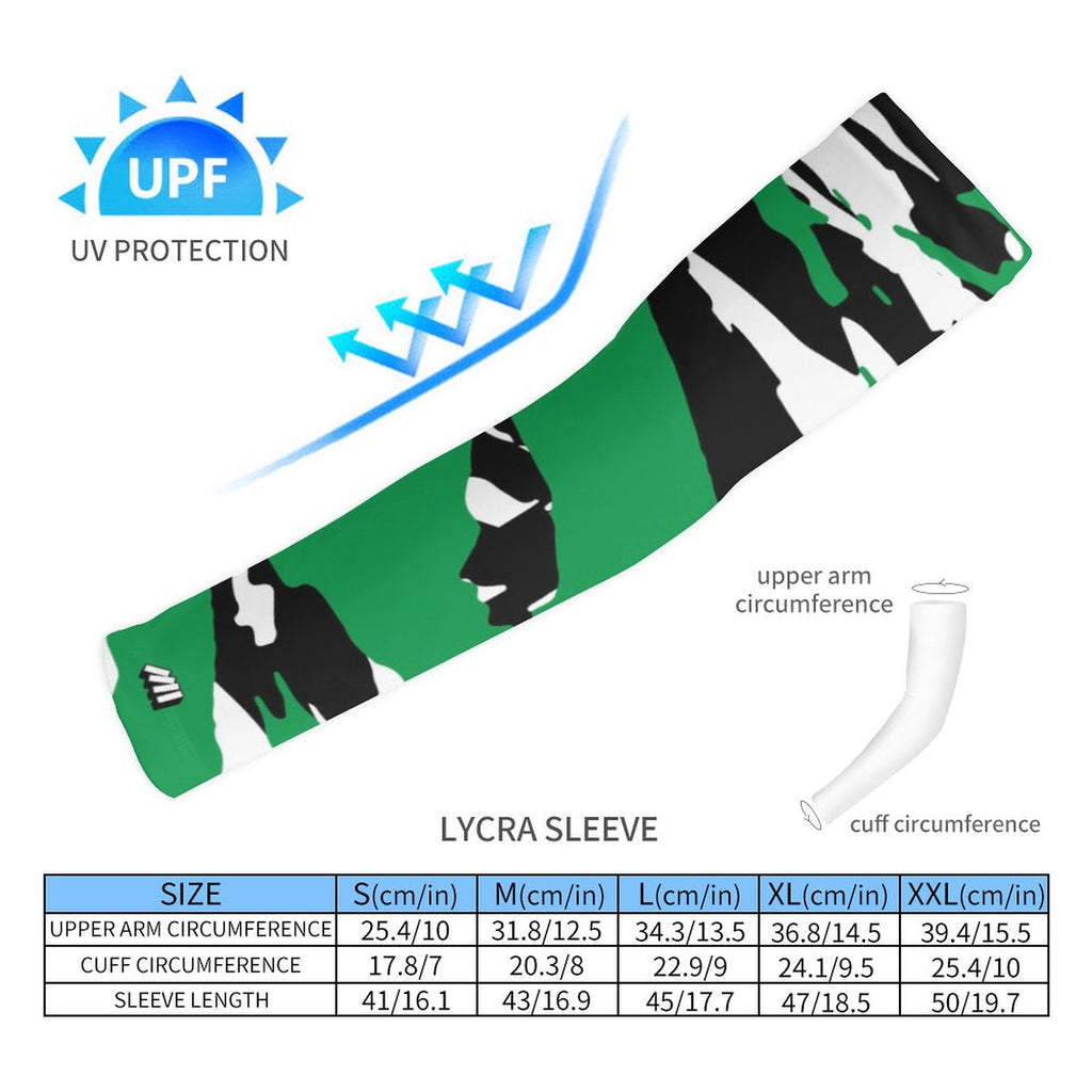Athletic sports compression arm sleeve for youth and adult football, basketball, baseball, and softball printed with predator kelly green, white, and black colors. 