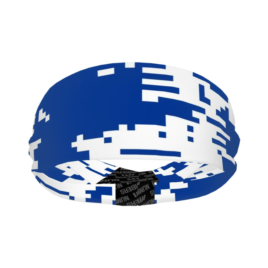 Athletic sports sweatband wide headband for youth and adult football, basketball, baseball, softball, gym workout, printed with royal blue and white colors. 