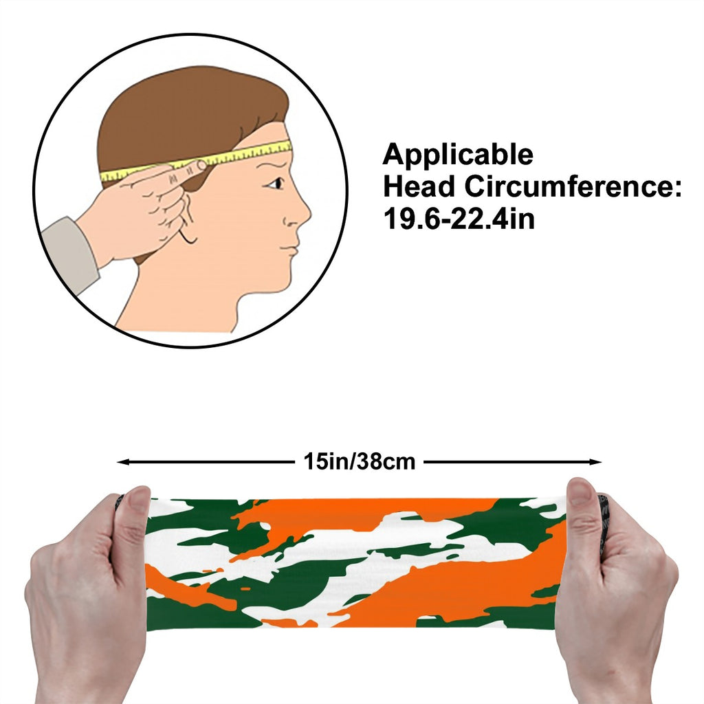 Athletic sports sweatband wide headband for youth and adult football, basketball, baseball, softball, gym workout, printed with orange, green, and white colors. 